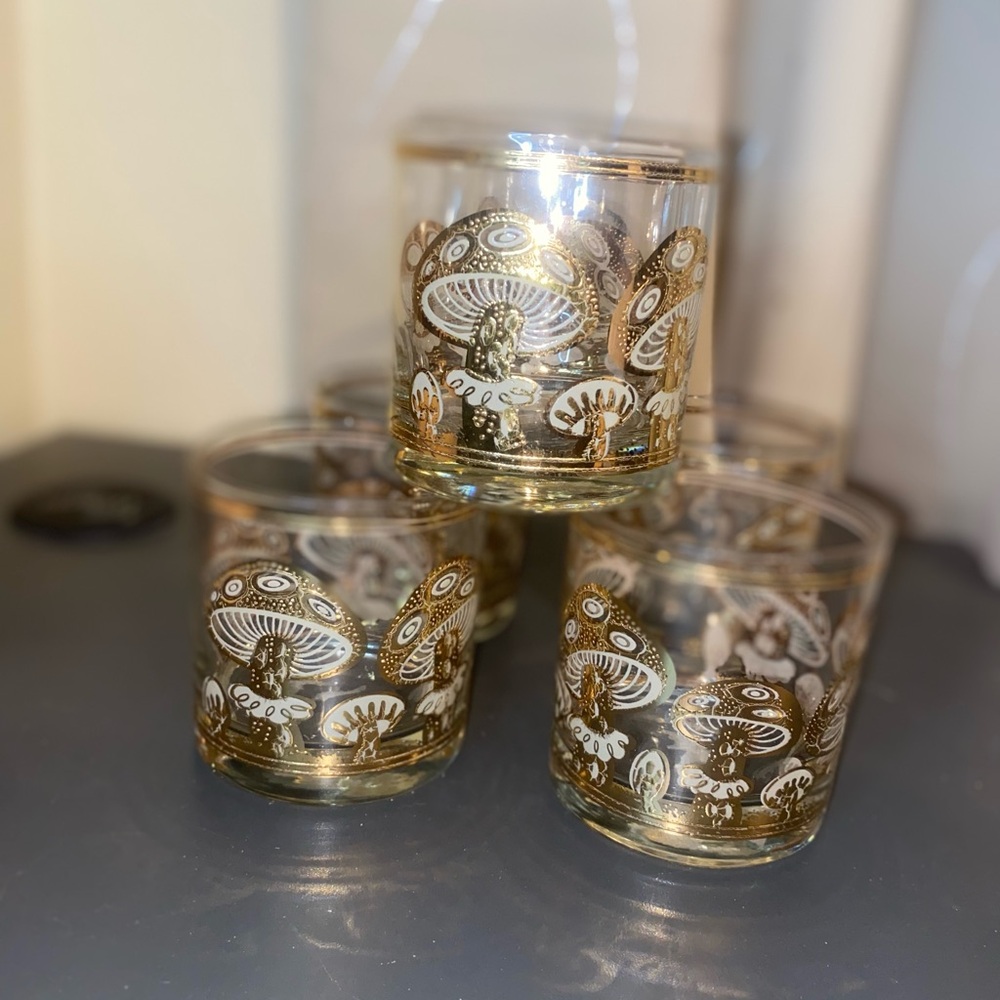 Vtg MCM Culver LTD 22K Gold Magic Mushroom Tumblers  Mid Century set of 6